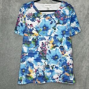 Cathy Daniels XL Shirt Top Blue Floral Short Sleeve Scoop Neck Sheer Stretch
